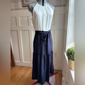 DKNY Navy Blue Tiered Maxi Dress Nautical Coastal 10 Classic